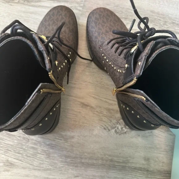 Michael Kors Kincaid Logo Studded Brown and Black Lace Up Boots - Picture 6 of 8